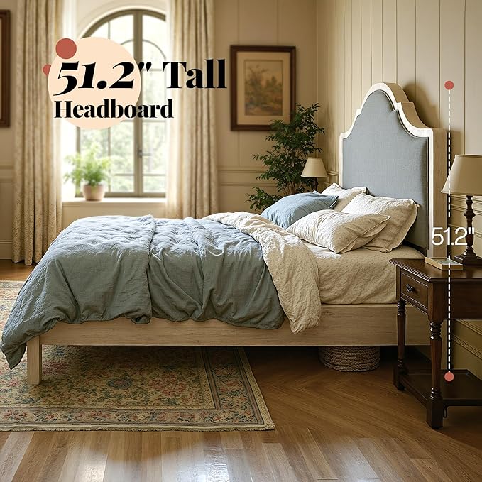 Jocisland Queen Size Bed Frame with Tall Upholstered Curved Headboard, Solid Wood Platform Bed, No Box Spring Needed, Wood Slat Support, Easy Assembly, White