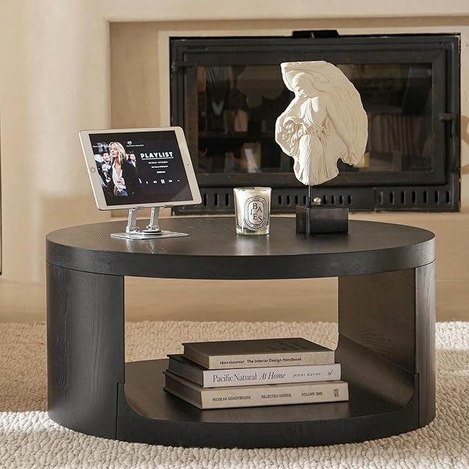 Round Coffee Table with Storage, 31.5" Modern Living Room Table, 2 Tier Circle Wood Center Tables for Apartment, Living Room, Open-Style Storage Black Coffee Tables, 31.5"*15.7"(Black)