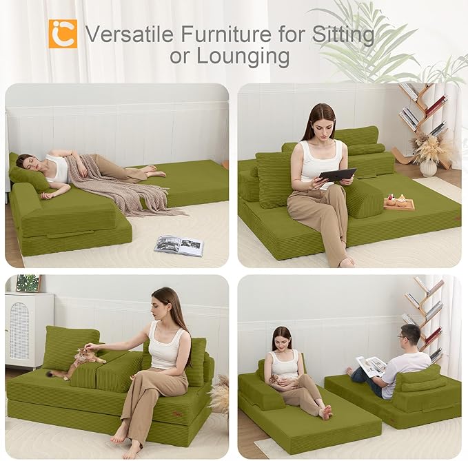 COMAX Convertible Sofa Bed, Folding Floor Couch Corduroy Fold Out Couch Bed Futon Sleeper Mattress with Pillows, Boneless Sofa Comfy Lounge Loveseat for Living Room Bedroom, Light Green