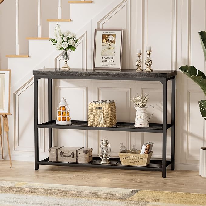 47" Console Table with Storage, 3-Tier Narrow Entryway Table, Sofa Table with Mesh Shelves, Console Tables for Living Room, Bedroom, Hallway, Entryway, Foyer, Oak Grey