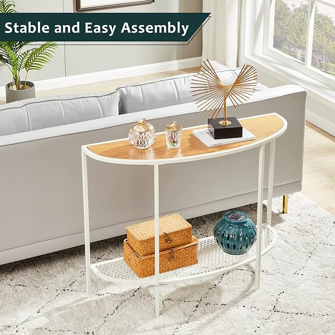 SAYGOER Console Table 2 Tier Narrow Entryway Table with Storage Shelves Half Moon Sofa Couch Table Small Entry Way Tables for Living Bedroom Hallway Office Easy Assembly, Oak White