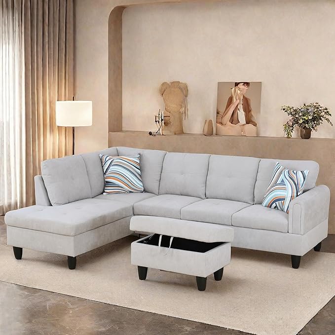 108-Inch Modular L-Shaped Sectional Sofa with Deep Seat, Modern L Shaped Cloud Couch with Chaise, Upholstered Couches for Living Room, Bedroom, Office, No Assembly Require (Gray)