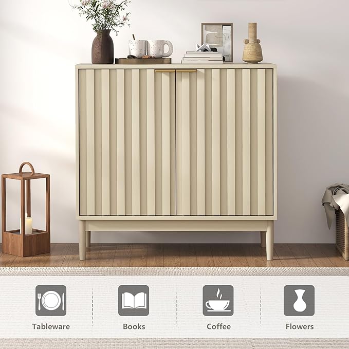 Fluted Sideboard with Storage, Buffet Cabinet Sideborad with Door, Kitchen Buffet Storage Accent Cabinets with Adjustable Shelves for Living Room, Entry, Hallway, Beige