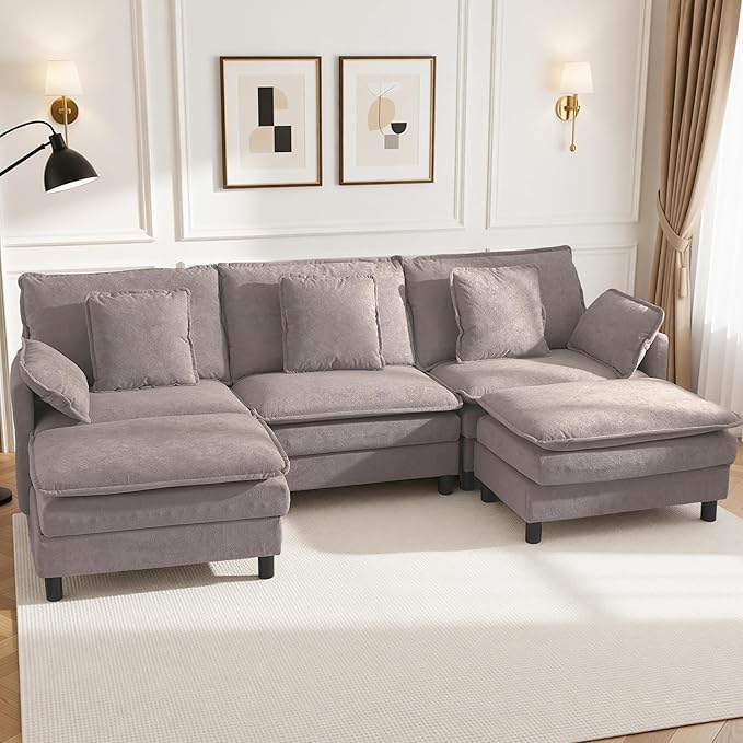 Claiks 110" Modular Sectional Sofa, Cloud Couch with Ottoman, U-Shaped 5-Seater Sofa in Chenille Fabric, Deep Seat Comfy Couch with Pillows for Living Room & Offices, Light Gray