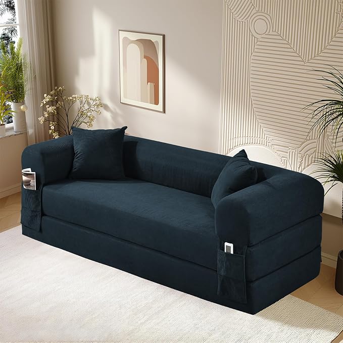 80" Convertible Sofa Bed,Folding Pull Out Couch with Pillows & Storage Pocket,Modular Corduroy Queen Sleeper Sofa in a Box,No Assembly Boneless Couch for Living Room,Navy Blue