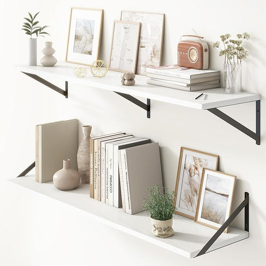 Floating Shelves 48 Inch Long, 10" Deep Floating Shelves, White Wall Shelves 48 x 10, Set of 2, Wide Large Display Storage Shelves for Bathroom, Living Room, Rustic Wood Shelves with Brackets