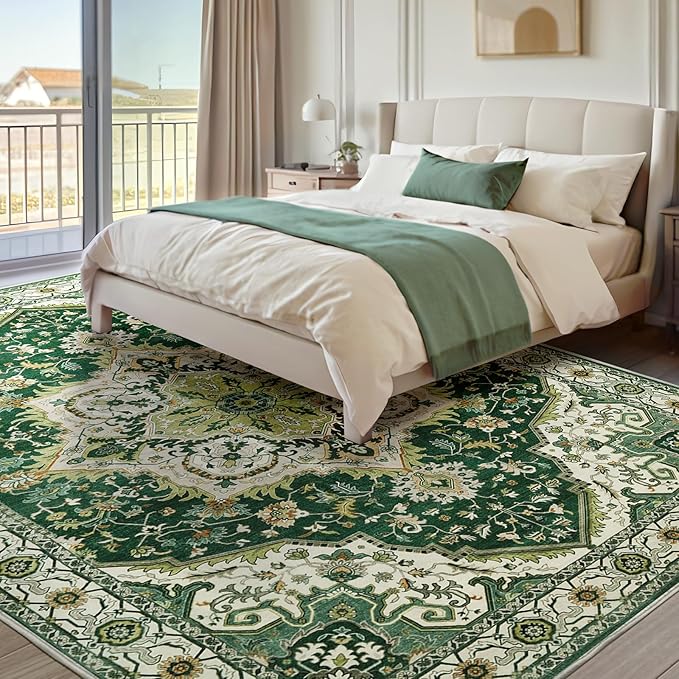 Area Rugs for Living Room 8x10 - Large Machine Washable Vintage Oriental Soft Rugs, Low Pile Thin Floor Carpet with Non Slip Backing for Bedroom, Dorm, Under Dining Room Table, Indoor House, Office