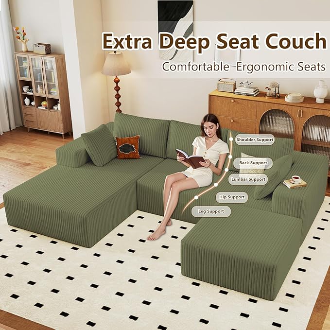 96" U-Shape Cloud Couch, Modern Modular Sectional L-Shape Sofa with Ottoman, Corduroy Upholstered Couches Deep Seat Sleeper Chaise Longue for Living Room, No Assembly Required(Green, Left Facing)