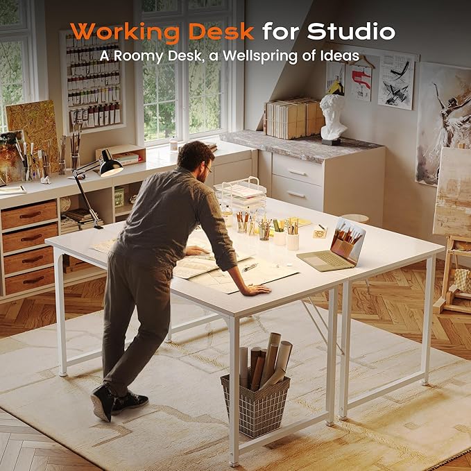 PRAISUN 48 X 24 Inch Computer Desk with Deeper Desktop, Gaming Office Writing Work Desk for Home Office, Study, Bedroom, Work from Home, Metal Frame, White