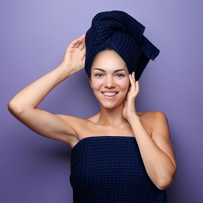 Püskül - Luxury Waffle Towel Set for Bathroom 4 Pieces Navy Blue, Premium Quality Organic 100% Turkish Cotton 2 Hand and 2 Bath Towels Sets, Quick Dry Thin Waffle Towels, Made in Turkiye (Navy Blue)