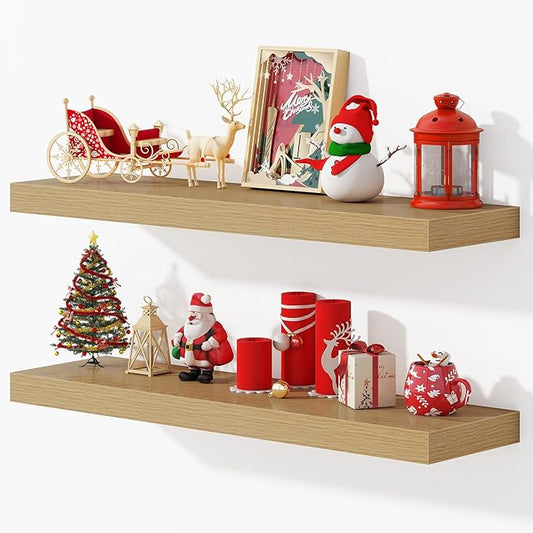 Dreamland 36 Inches Floating Shelves for Wall, 9.3" Deep Long Floating Shelves Set of 2, Large Display & Storage Shelf, Wall Shelf for Bathroom Bedroom Living Room Kitchen Office, Oak