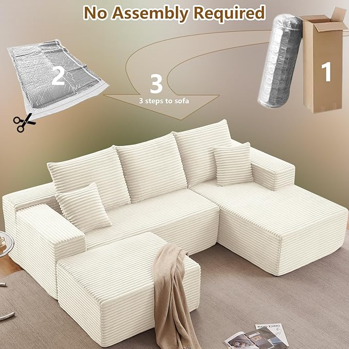 107" U-Shape Cloud Couch, Modern Modular Sectional Comfy L-Shape Sofa with Ottoman, Deep Seat, Upholstered Corduroy Sleeper Chaise Longue for Living Room Bedroom, No Assembly Required, White