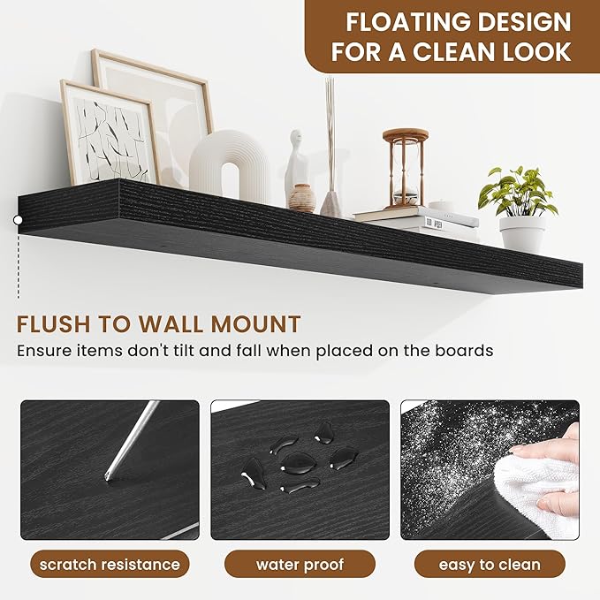 fuqing Floating Shelves for Wall, Wall Mounted Wood Floating Shelf with Invisible Brackets for Living Room, Bathroom, Bedroom, Kitchen Storage and Decor, 48 Inch Set of 2, Black