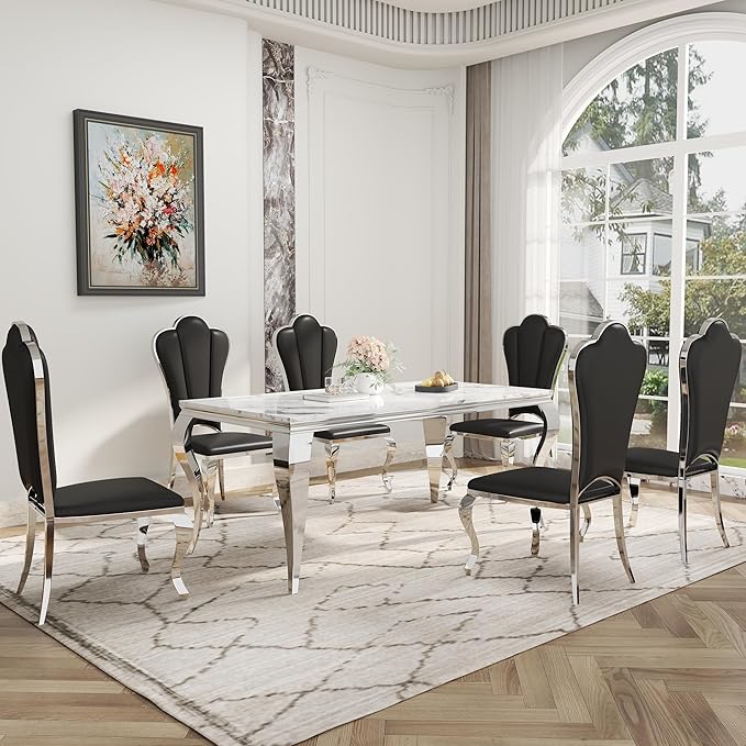 Dining Table Set for 6, 7-Piece Kitchen Table Chairs Set, Modern Dining Room Set with 70'' Marble Dinner Table and 6 Petaloid Backrest Upholstered Chairs for Kitchen, Black & Silver