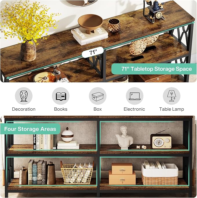LITTLE TREE Console Table with Storage Shelves, 70.9" Industrial 3-Tier Sofa Table for Living Room, Long Foyer Table Entryway Table for Hallway, Front Door, Entrance, Rustic Brown & Black