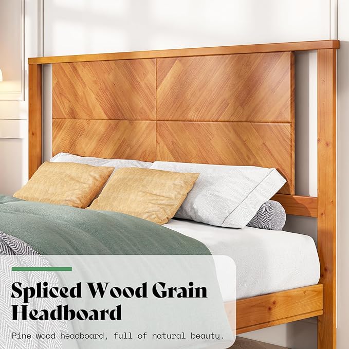 AMERLIFE Solid Wood King Size Bed Frame with Headboard, Mid Century Modern Style Platform Bed with Under-Bed Storage, No Box Spring Needed, Noise Free, Easy Assembly, Light Brown