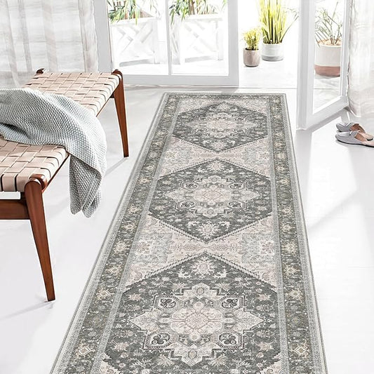 OPPODREAM Thin Entryway Rug 2x8, 2x8 Rug Runner, Washable Hallways Carpet 2 x 8 with Non Slip Backing, Low-Pile Bedside Carpet 2 x 8, Long, Faux Cashmere, Greenish Grey