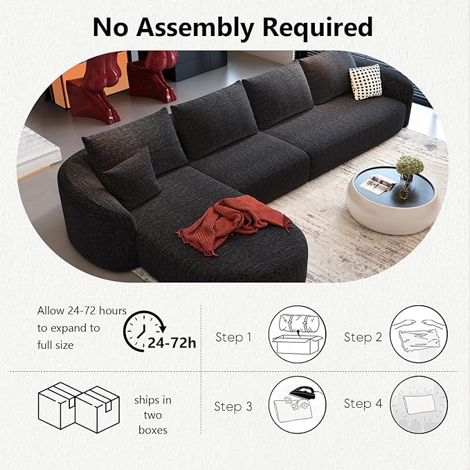 138.6" Modular Sectional Couches Luxury Modern Curved Back Sofa,Minimalist Comfy L-Shape Boneless Cloud Couch for Living Room Apartment,(Left Facing Chaise,Black)