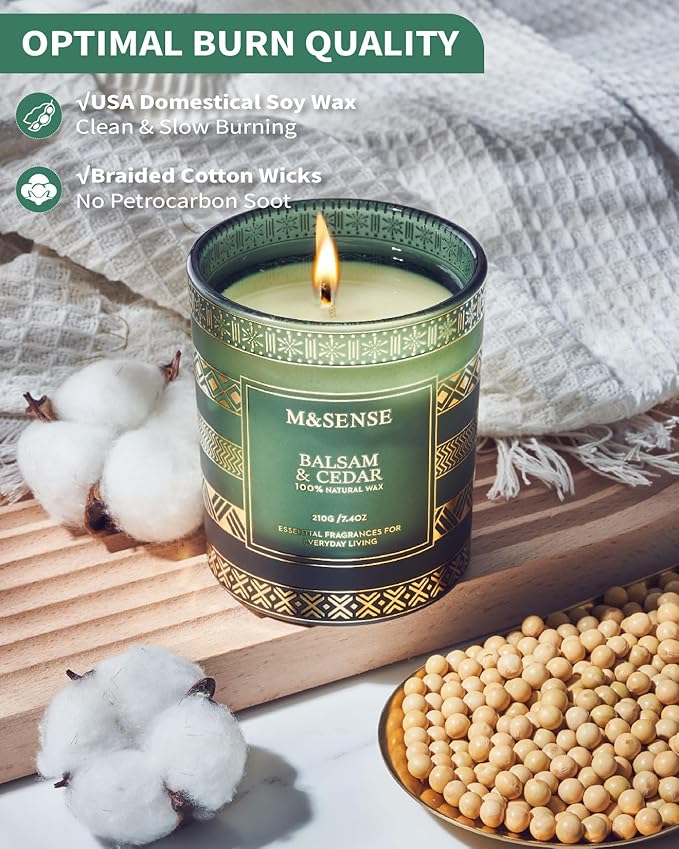 M&SENSE Christmas Candle, Balsam Cedarwood Scented Candles, Soy Candles for Home Scented, Luxury Holiday Candle Gift for Women & Men, 7.4 Oz 45 Hours Long Burning