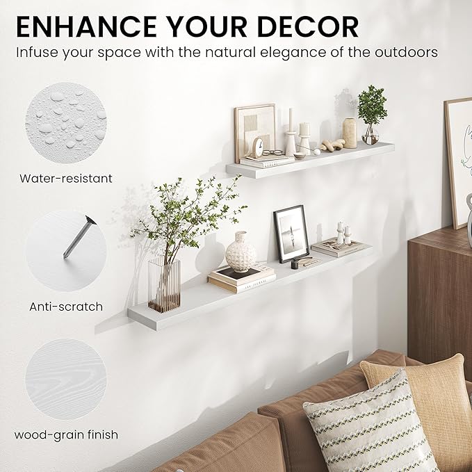 Heimlove Floating Shelves for Wall 32 Inch,Mounted Storage Wood Shelves with Invisible Brackets Hanging Shelf for Bedroom Living Room Kitchen Office,Set of 2,White