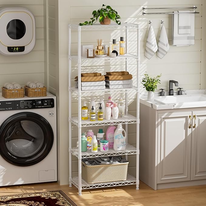 5 tire Shelves Storage Wire Shelving Unit Metal Shelf Adjustable Organizers Storage Shelving with Wheels for Bathroom Laundry Room Kitchen Pantry12”D x 22”W x 69”H White