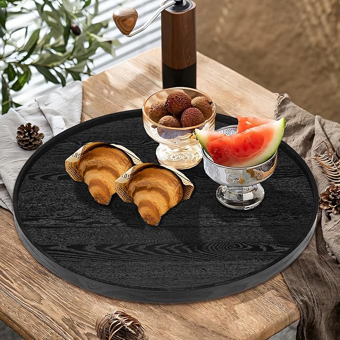 20 inch Round Solid Wood Serving Tray Extra Large Tea Coffee Snack Food Meals Serving Plate Non-Slip Kitchen Party Bar Server Ottoman Tray Breakfast Tray with Raised Edges Black