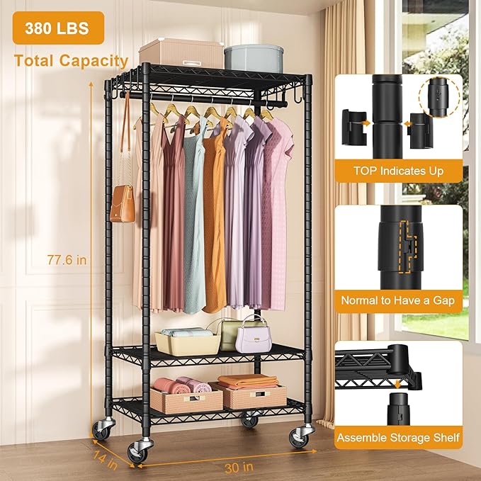 FUTASSI P6 Medium Rolling Clothes Rack Heavy Duty, Clothing Racks for Hanging Clothes, Freestanding Garment Rack with Wheels, Portable Closet Rack Max Load 370 LBS, 30''W x 14''D x 77.6''H, Black