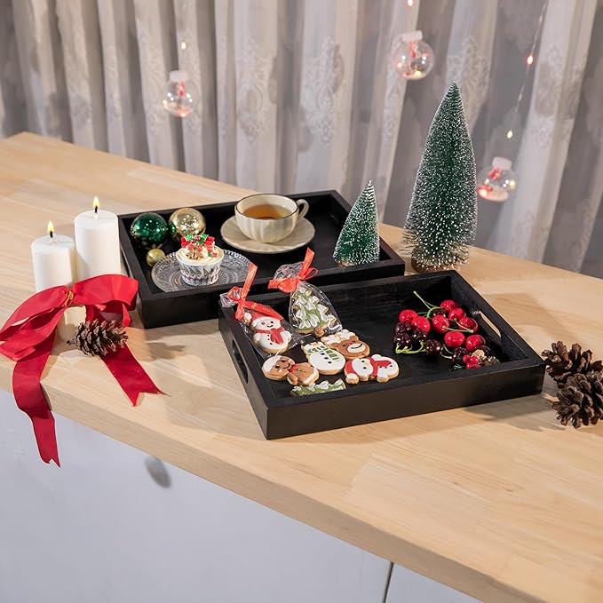 Black Acacia Wooden Rectangular Serving Tray with Handles, Set of 2 (15"x11"), Large Tray for Ottoman, Breakfast in Bed, Dinner, Coffee Table Decor & Kitchen