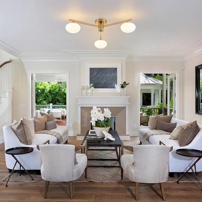 Semi Flush Mount Ceiling Light Fixture, Mid Century Modern 3-Light 22.5" Lighting Fixtures Ceiling, Matte Gold Ceiling Lights for Bedroom, Entryway, Hallway, Bathroom, Kitchen, Dining Room