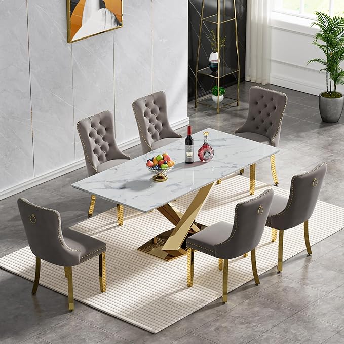 70" Faux Marble Dining Table Set for 6, 7-Piece Dining Set with White Gold Kitchen Table and 6 Velvet Tufted Chairs, Modern Rectangular Dining Room Table with X-Shape Stainless Steel Base