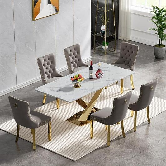 70" Faux Marble Dining Table Set for 6, 7-Piece Dining Set with White Gold Kitchen Table and 6 Velvet Tufted Chairs, Modern Rectangular Dining Room Table with X-Shape Stainless Steel Base