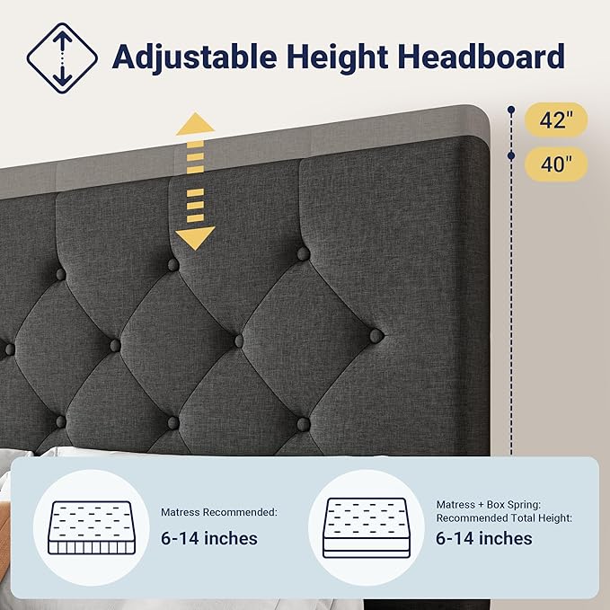 Allewie Upholstered King Size Platform Bed Frame with 4 Storage Drawers and Headboard, Diamond Stitched Button Tufted, Mattress Foundation with Wooden Slats Support, No Box Spring Needed, Dark Grey