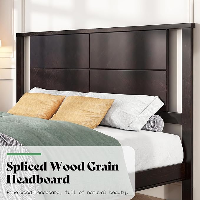 AMERLIFE Solid Wood King Size Bed Frame with Headboard, Mid Century Modern Style Platform Bed with Under-Bed Storage, No Box Spring Needed, Noise Free, Easy Assembly, Dark Brown