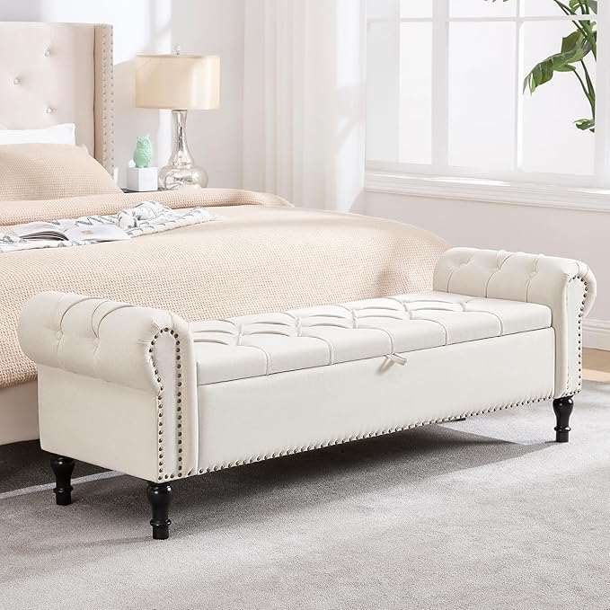 67 Inch Storage Bench for Bedroom, King Size End of Bed Bench, Upholstered Bench with Rolled Arms, Linen Tufted Button Storage Ottoman Benches, Living Room, Entryway, Beige