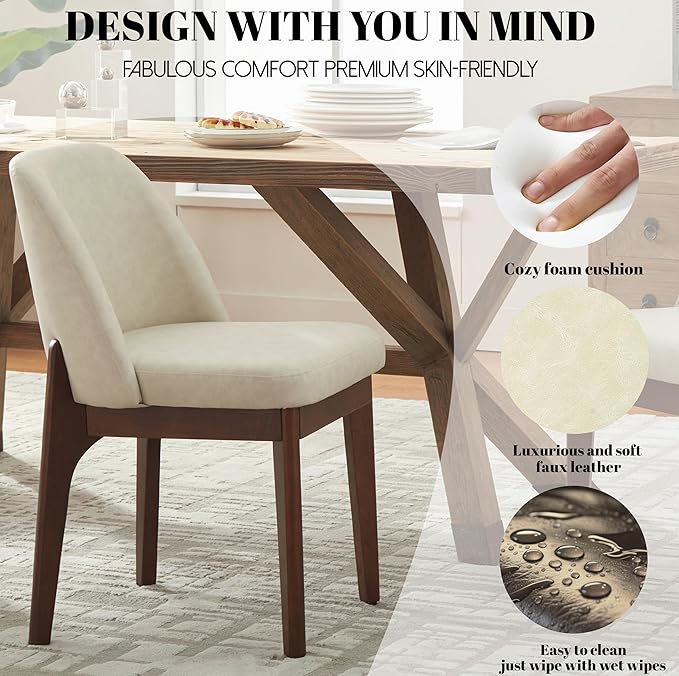 VKNOW Modern Dining Chairs Set of 2, Faux Leather Kitchen Chairs with Wood Legs, Upholstered Side Chair for Kitchen Dining Room, Beige