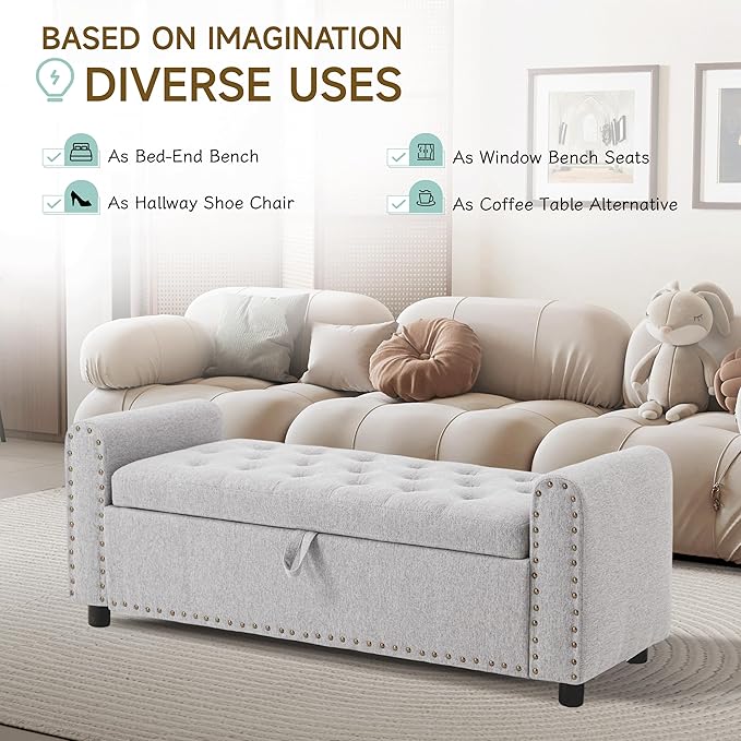 Ottoman with Storage, Tufted Storage Bench for Bedroom, 48" Fabrics End of Bed Bench, Upholstered Entryway Shoe Benches with Rolled Arm & Inner Zipper, Window Ottomans Chest with Rivets, Light Grey