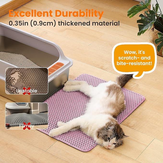 Cat Litter Mat, 24x18 Inches Large Double Layer Honeycomb Cat Litter Trapping Mat, Non Slip Waterproof Urine Proof Cat Litter Box Mat for Floor, Kitty Litter Rug, Cat Supplies, Pink