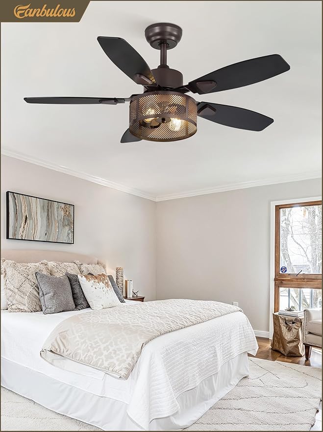 Farmhouse Oil Bronze Ceiling Fans with Lights and Remote, 42 Inch Bedroom Caged Ceiling Fans for Living Room Kitchen，6 Speed Reversible Quiet DC Motor, Dual Finish 5 Blades