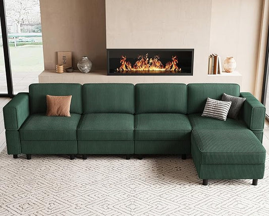 114.2" 5 Seater Modular Sofa with Deep Storage Seat,Corduroy Convertible L Shaped Sectional Couch,Modular Couch with Movable Ottoman Chaise,Upholstered Sectional Couches for Living Room,Green