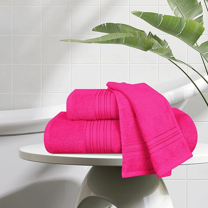 BOUTIQUO Ultra Soft 3 Pack Cotton Towel Set, Contains a Bath Towels 28x55 inch, a Hand Towels 16x24 inch & a Wash Coths 12x12 inch, Ideal Everyday use, Compact & Lightweight - Hot Pink