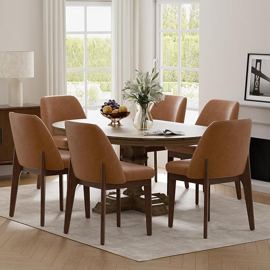 VKNOW Modern Dining Chairs, Faux Leather Kitchen Chairs with Wood Legs, Upholstered Side Chair for Kitchen Dining Room (Brown, Set of 6)