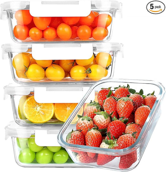 KOMUEE 30 oz 5 Pack Glass Meal Prep Containers, Glass Storage Containers with Lids - Dishwahser, Microwave, Oven and Freezer Safe, White
