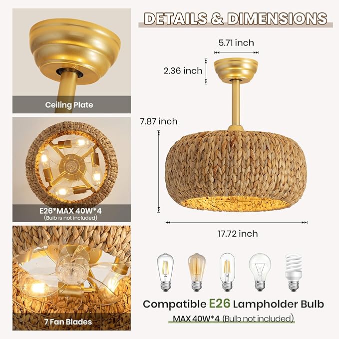 17.7" Caged Rattan Ceiling Fans with Lights, Boho Flush Mount Ceiling Fan with Light, Low Profile Chandelier 6 Speed Bladeless Reversible Ceiling Fan for Living Room Bedroom kitchen island dining room