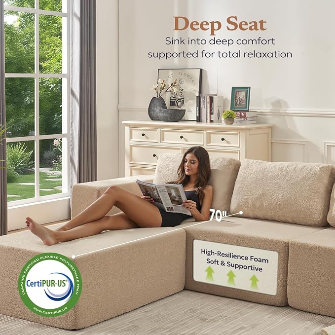 106" Modular Sectional Couch Left/Right Facing Convertible, L-Shape Modern Teddy Sofa, Deep Seat Upholstered Foam Couch for Living Room Bedroom, No Assembly Required (Camel, Teddy Boucle)