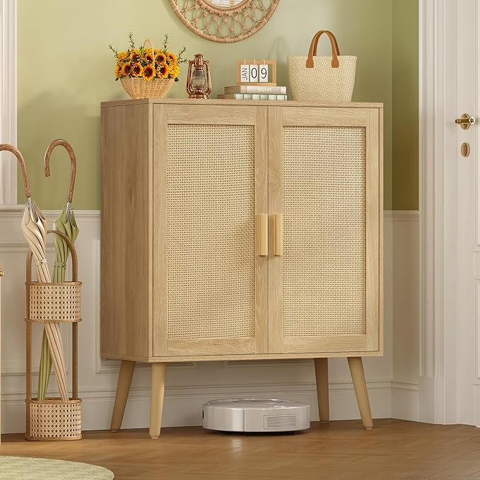 Iwell Storage Cabinet with 2 Shelves, Rattan Cabinet with 2 Doors, Sideboard Buffet Cabinets with Storage for Living Room, Dining Room, Entryway, Natural