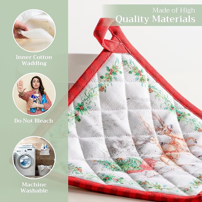 Maison d' Hermine Pot Holders 100% Cotton Heat Resistant Potholders 8" x 8" Hot Pads with Loop for Thanksgiving Christmas Decorations BBQ Cooking Handling Hot Pans (Pack of 1, Christmas Tradition)