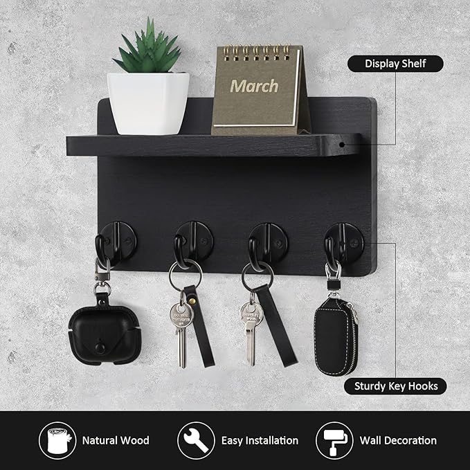 Nekon Key Holder Wall Mount, 8.5 Inch Small Home Decor Wooden Wall Organizer with 4 Hooks and Shelf, Wall Decor for Living Room Entryway Kitchen (Black)