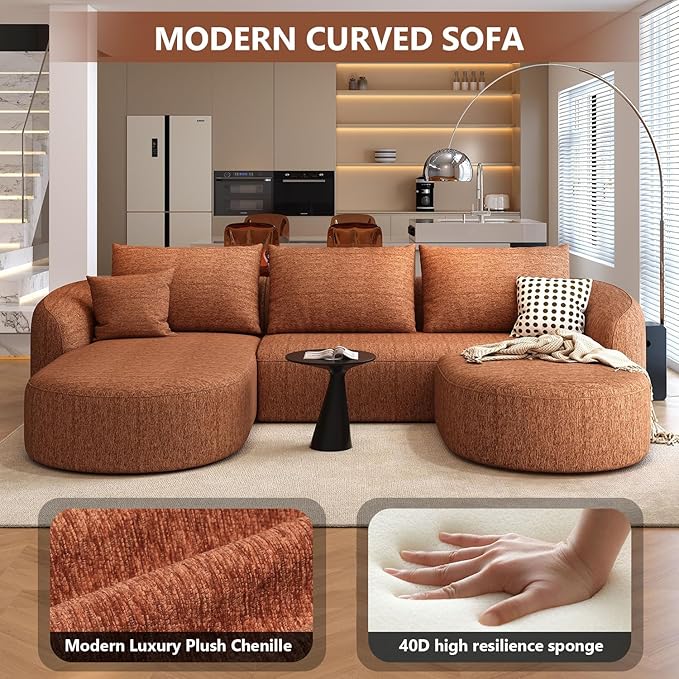 111" Modular Sectional Couches Luxury Modern Curved Back U-Shape Sofa Set with Ottoman,Minimalist Comfy Boneless Cloud Couch for Living Room Apartment,(Left Facing Chaise,Orange)