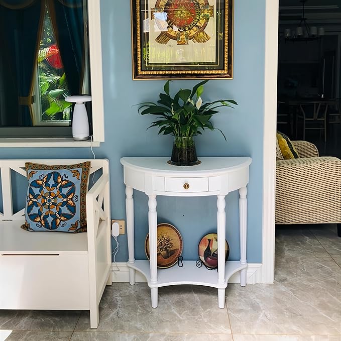Solid Wood Console Table with Drawer, Semi-Circle Entryway Storage Shelf, Half-Moon Porch Table Side Elegant Vintage Sofa for Living Room (White (31.5" L x 13.8" W x 31.5" H))