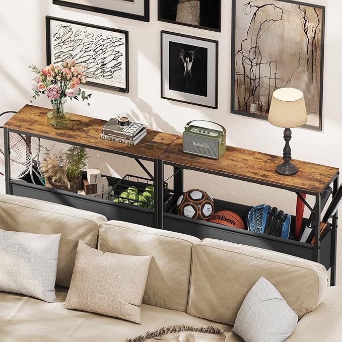 Small Console Table with Storage Basket, 31.5'' Couch Table Behind Sofa, Entryway Table, Narrow Console Table, Sofa Table, Display Table for Hallway, Foyer, Living Room, Rustic Brown